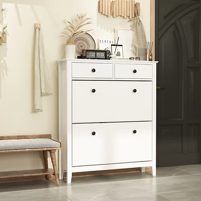 White 4-door shoe cabinet with two adjustable drawers,wooden shoe rack with leg