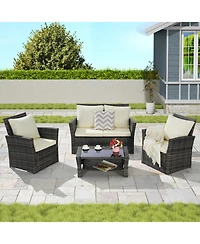 Streamdale 4-Piece Outdoor Patio Furniture Set, Rattan Chairs, Glass Table