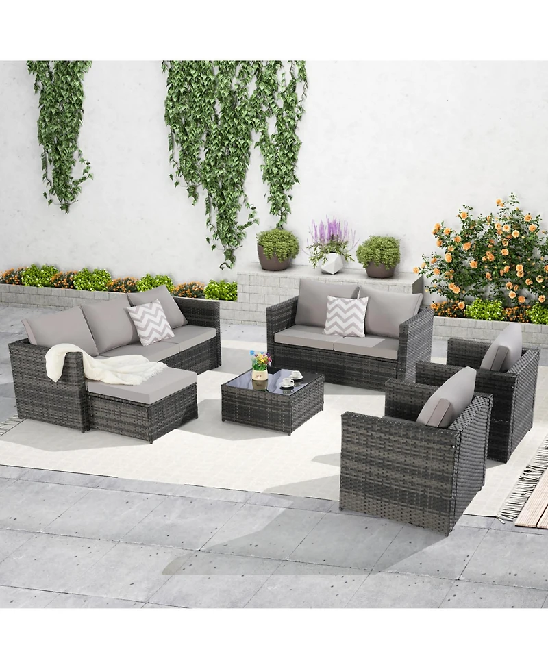 6-Piece Outdoor Wicker Patio Conversation Set w/ Cushions & Glass Table