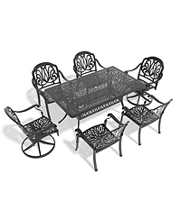 Streamdale 7-Piece Cast Aluminum Dining Set, 2 Swivel, 4 Chairs, Rectangular Table, Black Frame