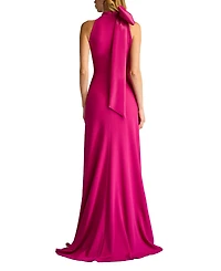 Tadashi Shoji Women's Sims Taffeta Shoulder Bow Halter Gown Hibiscus