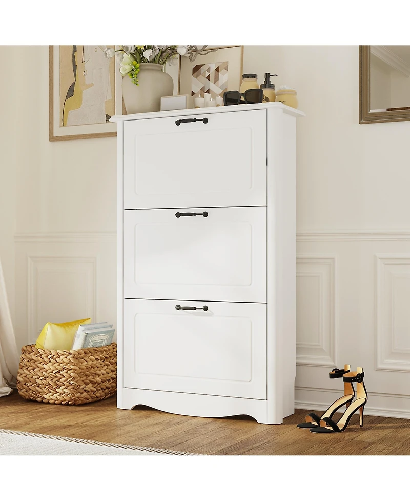 Wooden 3-door natural shoe cabinet, multi-purpose shoe rack with adjustable shelves,white
