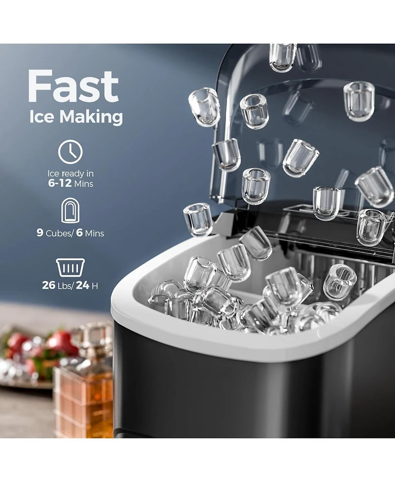 Cowsar Countertop Ice Maker,26Lbs/24H,9 Cubes in 6 Mins,Portable Ice Machine with Ice Scoop and Basket,2 Sizes of Bullet Ice Cube for Home Kitchen Off