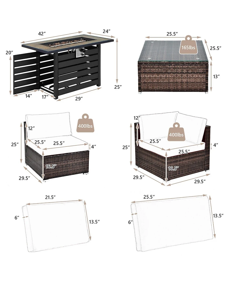 Gymax 7PCS Patio Rattan Furniture Set 42'' Fire Pit Table w/ Cover Cushioned