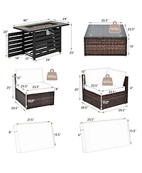 Gymax 7PCS Patio Rattan Furniture Set 42'' Fire Pit Table w/ Cover Cushioned