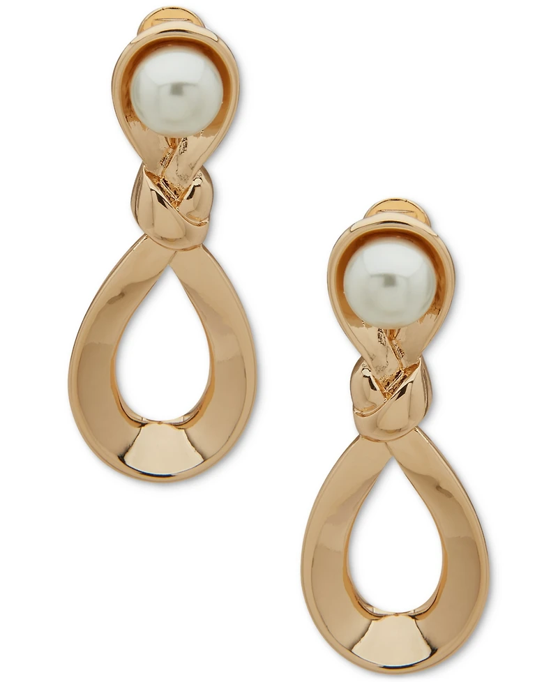 Anne Klein Gold-Tone Imitation Pearl Twisted Knot Clip-On Drop Earrings