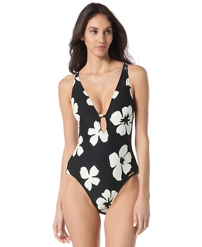 Vince Camuto Women's Floral-Print Plunge One-Piece Swimsuit