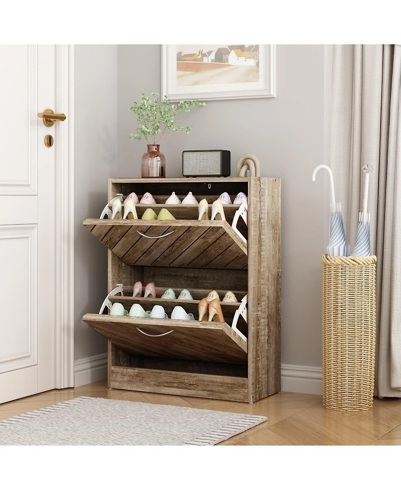 the yellow 2-door wooden shoe cabinet and fashionable shutter door design, sturdy durable, efficient stored, enhance aesthetics of