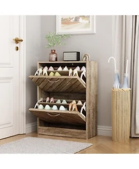 the yellow 2-door wooden shoe cabinet and fashionable shutter door design, sturdy durable, efficient stored, enhance aesthetics of
