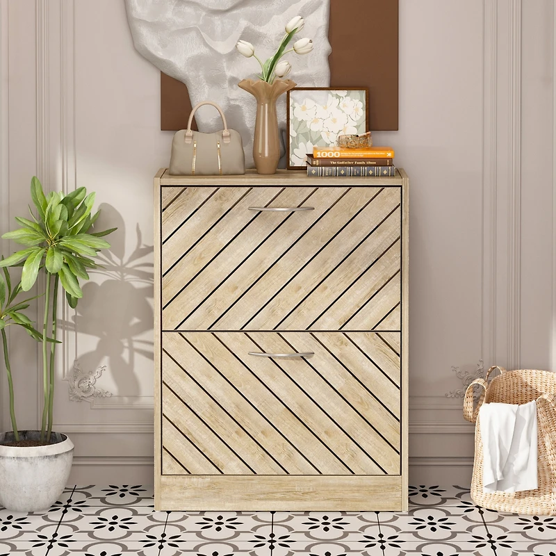 the yellow 2-door wooden shoe cabinet and fashionable shutter door design, sturdy durable, efficient stored, enhance aesthetics of