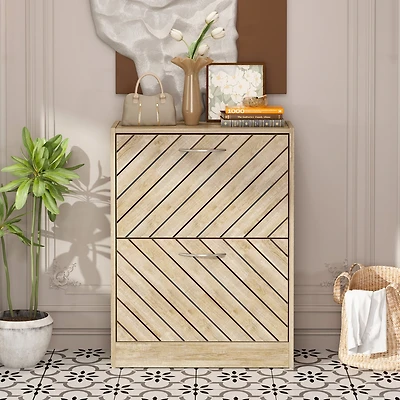 the yellow 2-door wooden shoe cabinet and fashionable shutter door design, sturdy durable, efficient stored, enhance aesthetics of