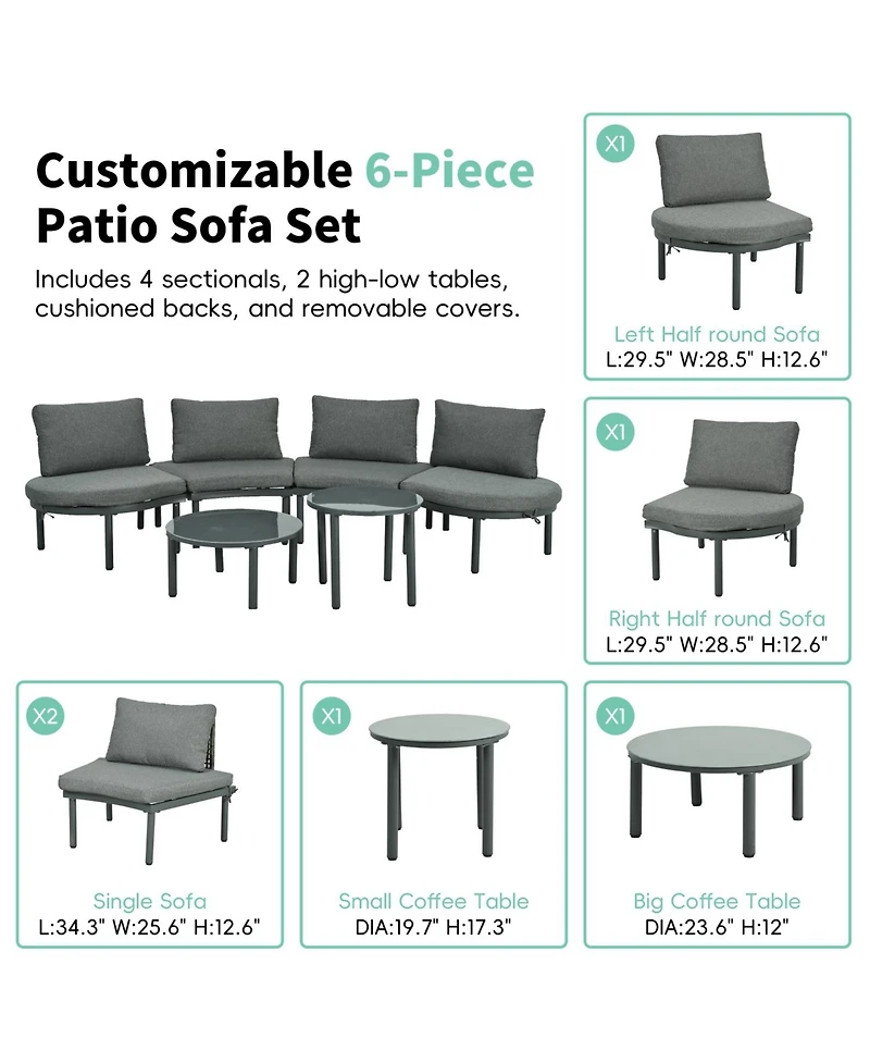 6-Pc Half Moon Patio Sofa Set, Wicker, Glass Tables, Cushions & Pillows - Gray