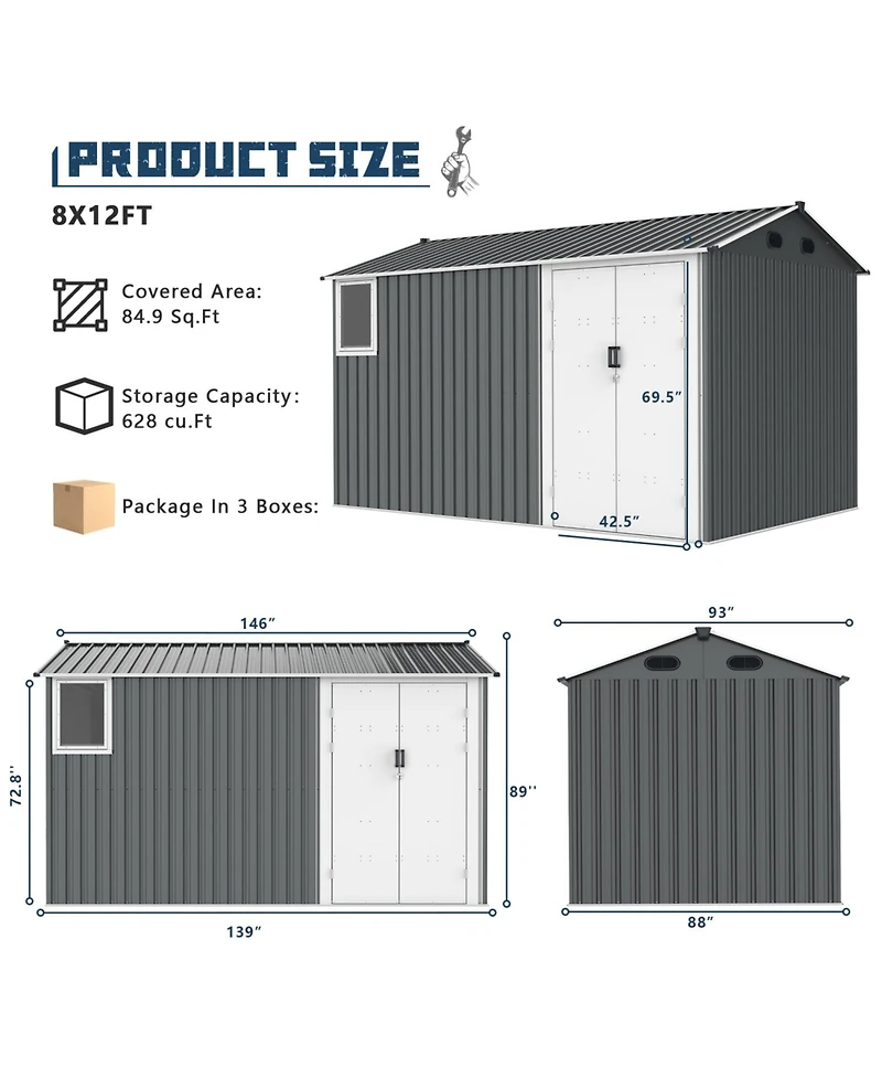 Streamdale 8x12 Metal Shed, Window, Floor, Vents, Hinged Door