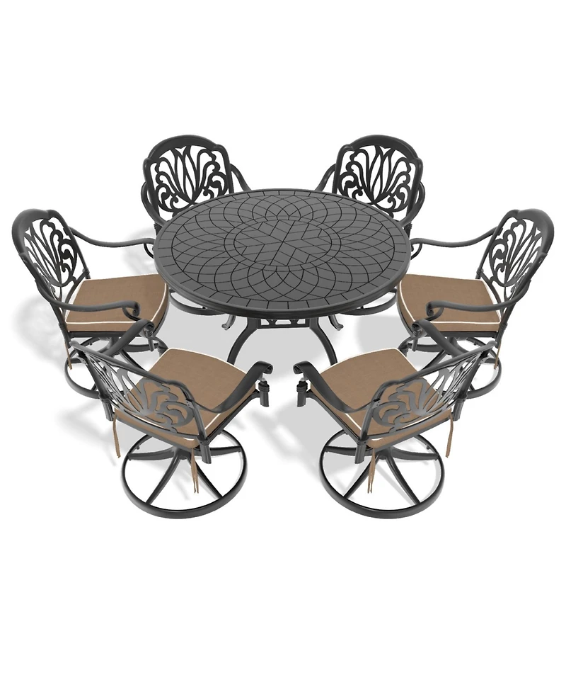 Streamdale 7-Pc Cast Aluminum Dining Set, 6 Swivel Chairs, 47" Round Table, Black Frame