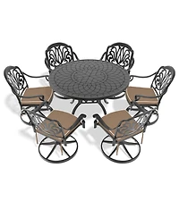 Streamdale 7-Pc Cast Aluminum Dining Set, 6 Swivel Chairs, 47" Round Table, Black Frame