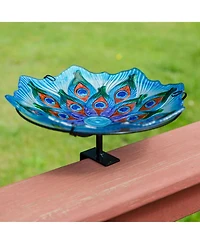 Exquisite Feathers Deck-Mounted/Staked Glass Bird Bath - 11” Diameter - Turquoise