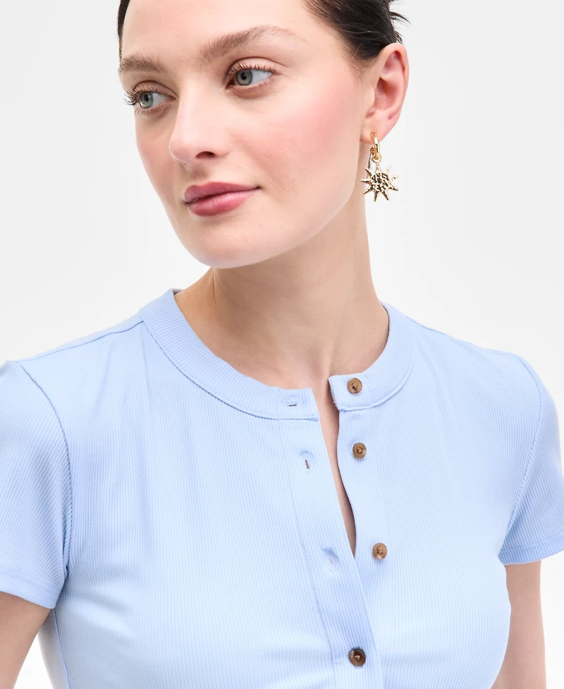 On 34th Women's Rib-Knit Short-Sleeve Button Front Top