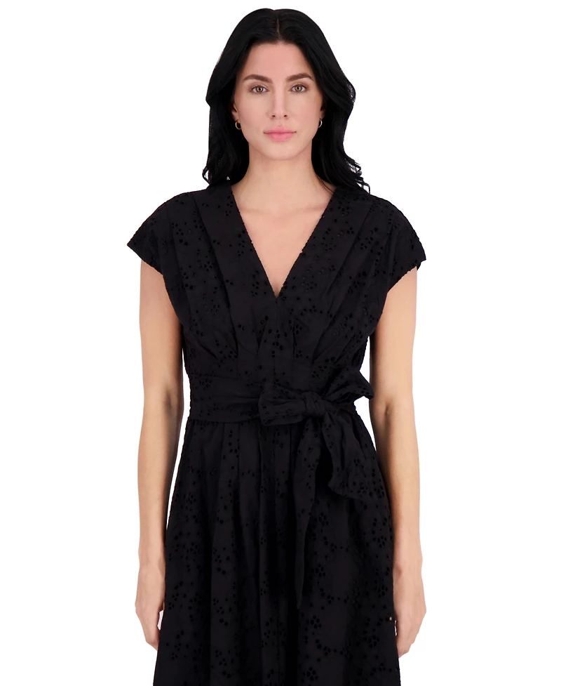 kensie Women's Embroidered Tie-Waist Midi Dress