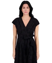 kensie Women's Embroidered Tie-Waist Midi Dress