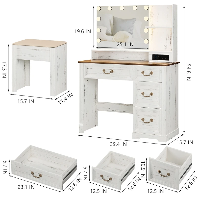Vlsrka Vanity desk for bedroom with lights, drawers, shelves, stool, and mirror.