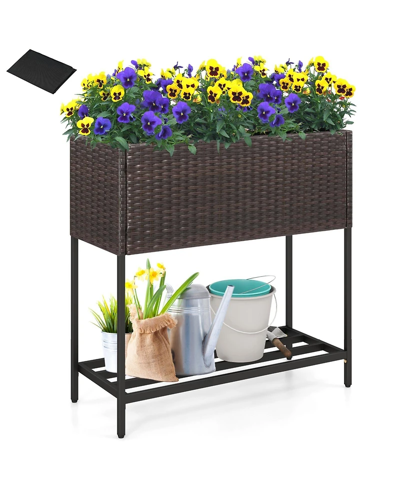 Wicker Raised Garden Bed with Storage Shelf and Removable Liner for Flowers
