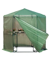 Outdoor Hexagon Greenhouse 6.5 x 7 Ft with Steel Frame Pe Cover and Shelves