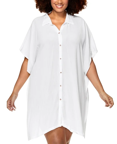 Raisins Curve Trendy Plus Vacay Button-Front Cover-Up Shirt