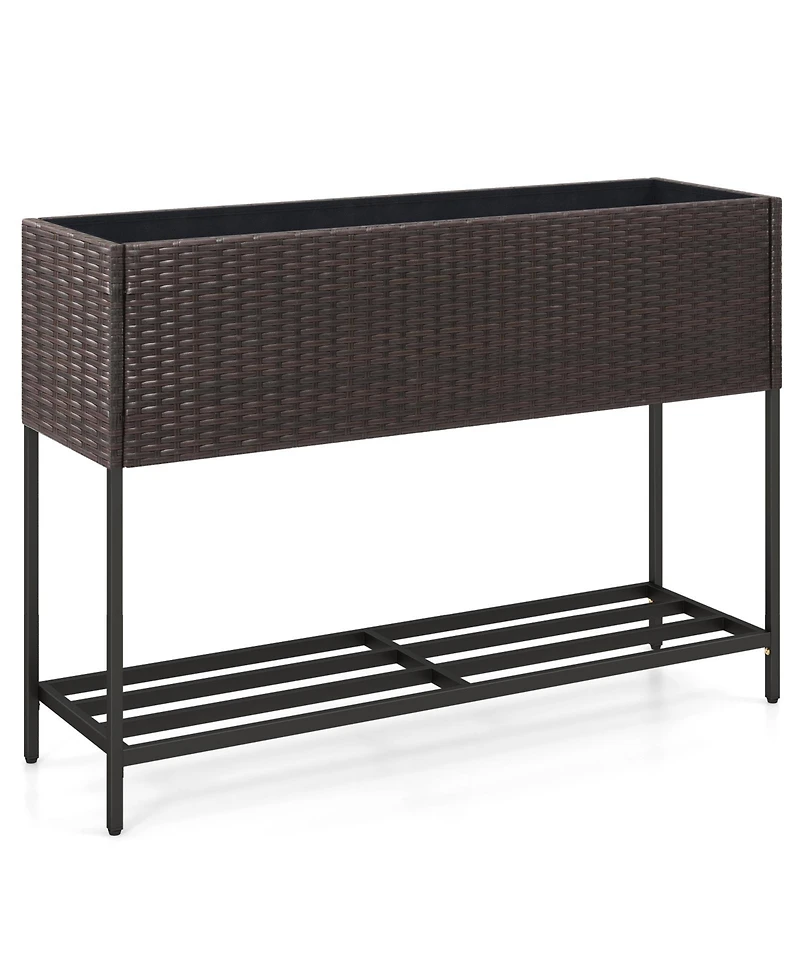 Wicker Raised Garden Bed with Storage Shelf and Drainage Gaps for Flowers