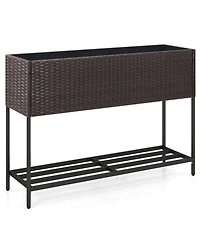 Wicker Raised Garden Bed with Storage Shelf and Drainage Gaps for Flowers