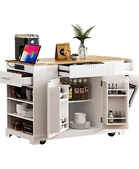 Streamdale Fluted Kitchen Island with Trash Storage, Outlets, Internal Rack, and Rollers