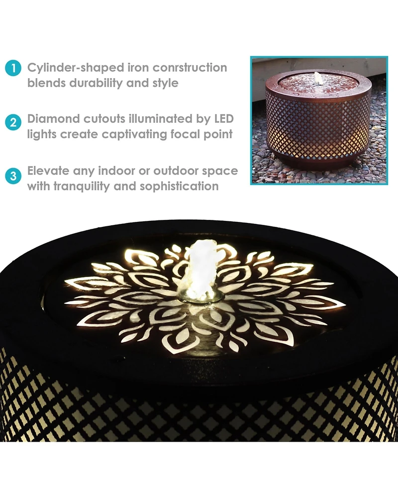 Metal Cylinder Bubbler Outdoor Water Fountain - 11.75-Inch - Features Led Lights and Repeating Diamonds Pattern