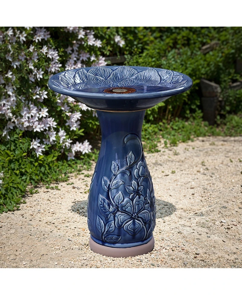 LuxenHome Blue Petals and Vines 22-Inch Tall Ceramic Birdbath