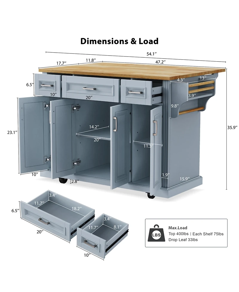 Streamdale 54" Kitchen Island Cart, Drop Leaf, Storage
