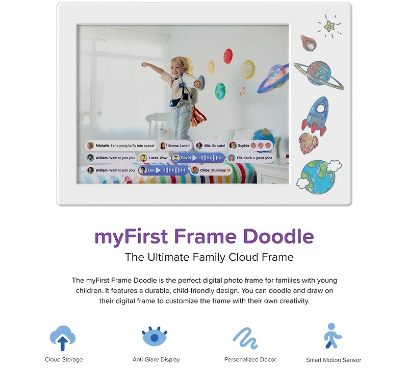 Smart WiFi Digital Photo Frame myFirst Frame Doodle 9 Inch Lcd Touch Screen, Auto-Rotate, 32GB Memory with Cloud Storage