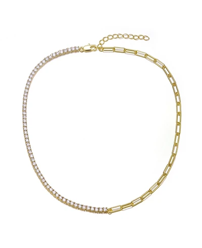14K Gold Plated with Clear Cubic Zirconia Half Tennis Half Link Necklace