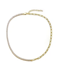 14K Gold Plated with Clear Cubic Zirconia Half Tennis Half Link Necklace