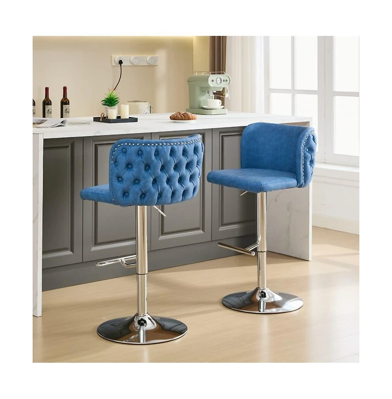 Set of 2 Swivel Bar Stools with Adjustable Height, Pu Leather Upholstered Seat, Tufted High Back, and Chrome Base for Kitchen Island, Home, and Pub-Th