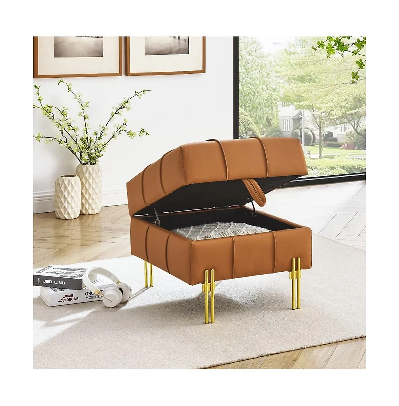 Anti-Scratch Pu Leather Storage Ottoman, Upholstered Footstool with Gold Stainless Steel Legs for Bedroom or Living Room-The Pop Home