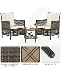Gymax 3PCS Patio Wicker Bistro Set Furniture Set Pe Rattan Table Set w/ Cushions