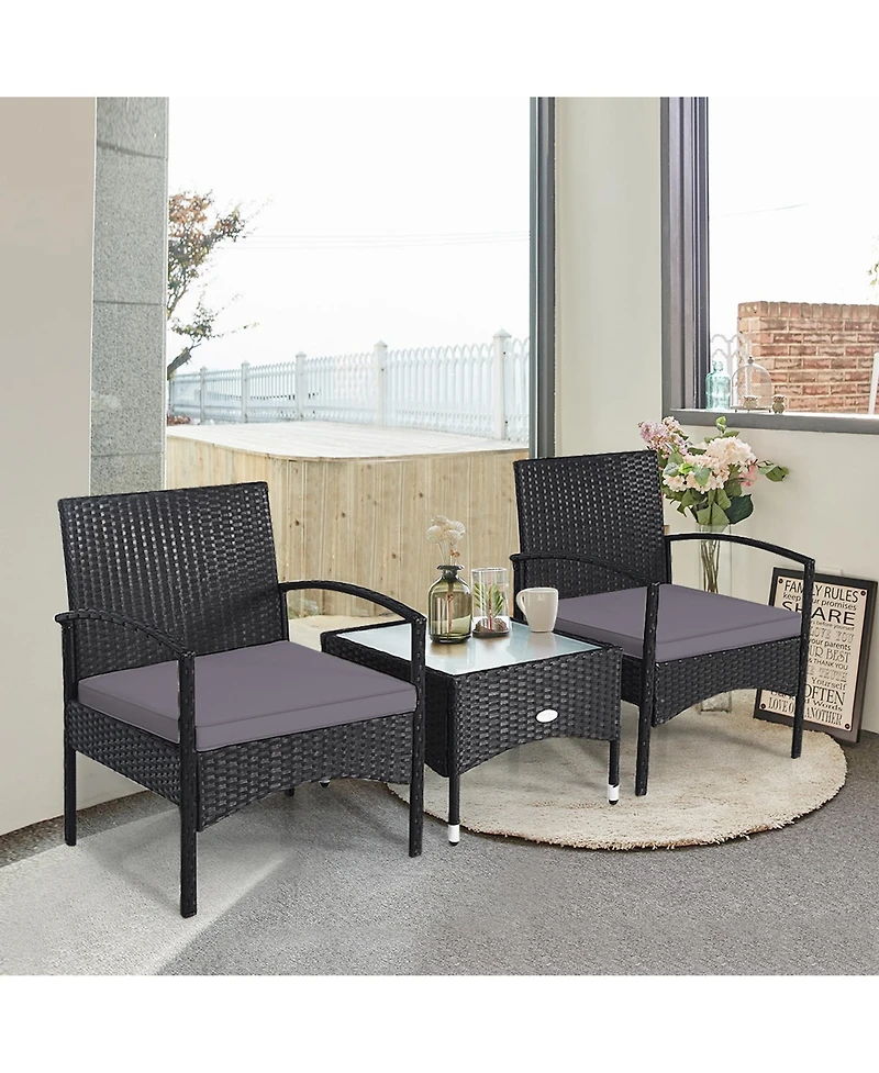 Gymax 3 Pcs Patio Wicker Rattan Furniture Set Coffee Table & 2 Rattan Chair W/Cushion
