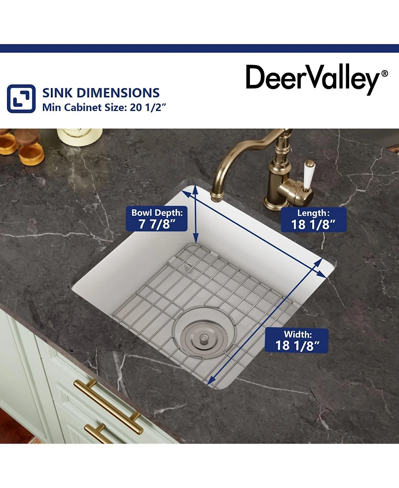 DeerValley Square Fireclay 18" L x 18" W Undermount/Drop-In Kitchen Sink with Basket Strainer and Sink Grid