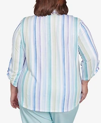 Alfred Dunner Plus St. Thomas Island Mint Stripe Knit Button Front Top