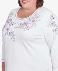 Alfred Dunner Plus Crystal Springs Embroidered Flower Crew Neck Top