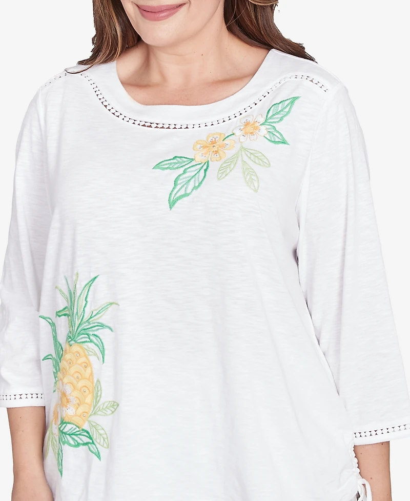 Alfred Dunner Plus Rise and Shine Embroidered Pineapple Top