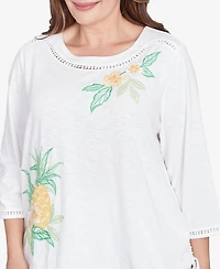 Alfred Dunner Plus Rise and Shine Embroidered Pineapple Top