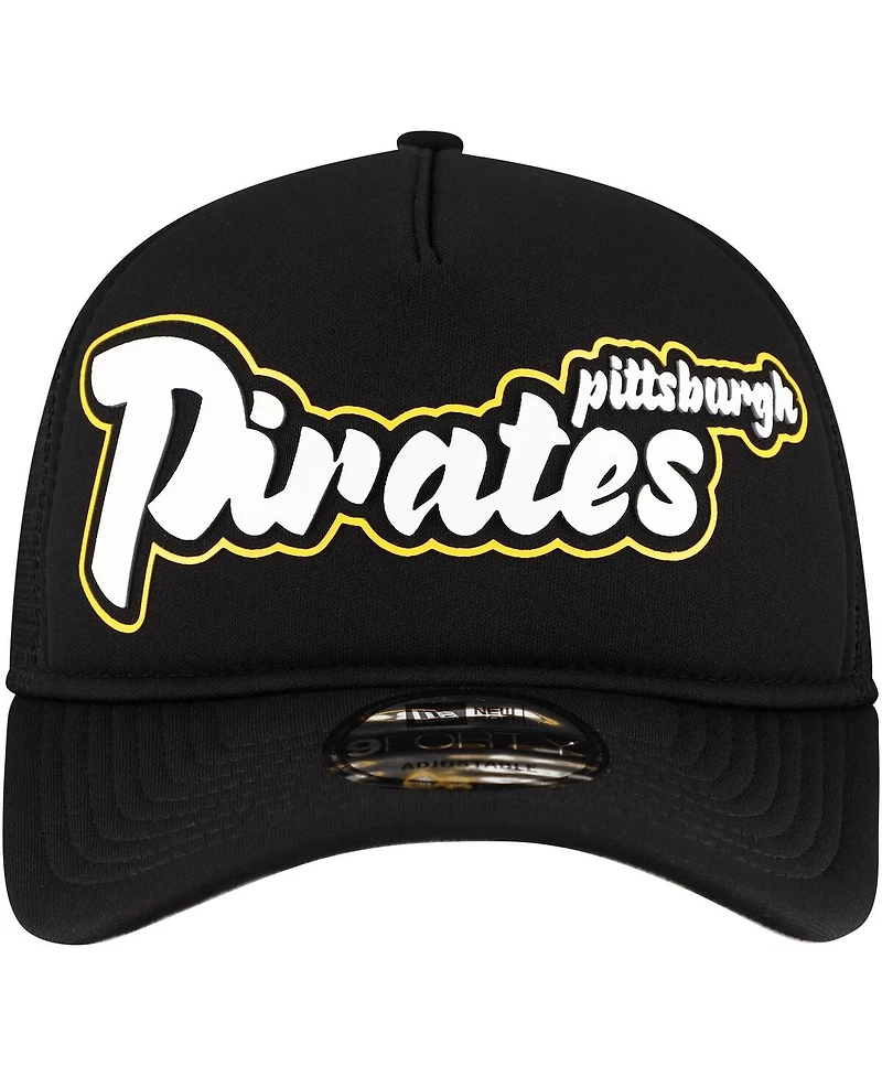 New Era Men's Black Pittsburgh Pirates Retro Bold A-Frame Trucker 9FORTY Adjustable Hat