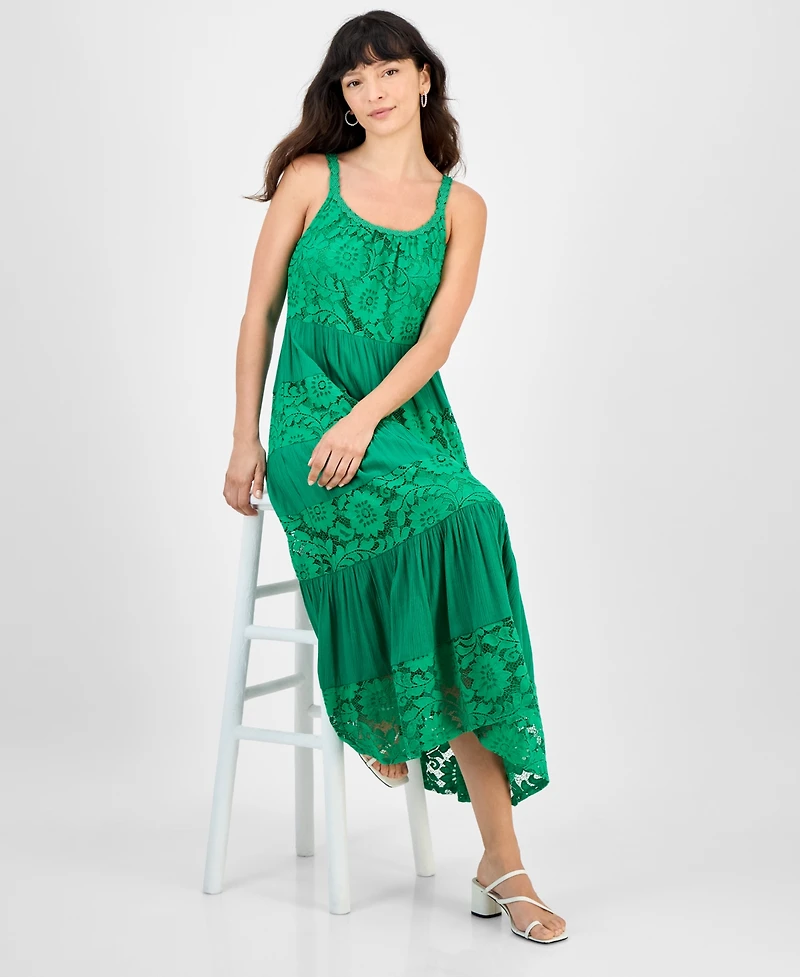 Robbie Bee Petite Lace-Trim Sleeveless Tiered Midi Dress