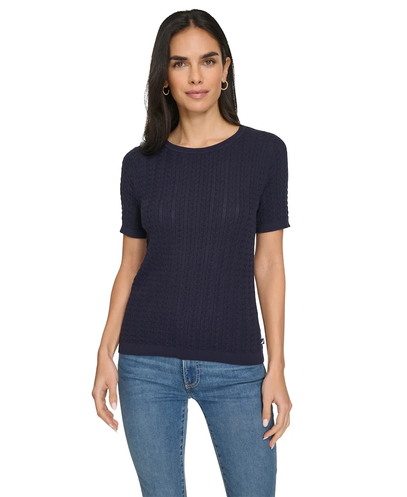 Nautica Jeans Women's Short Sleeves Rope Cable Sweater