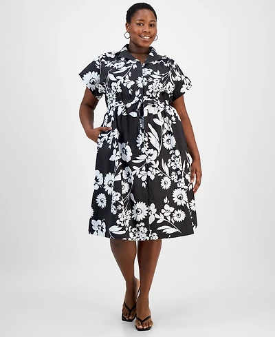 Sandra Darren Plus Printed Short-Sleeve Shirtdress