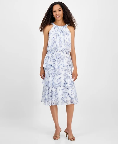 Robbie Bee Women's Tiered Floral Chiffon Fit & Flare Dress